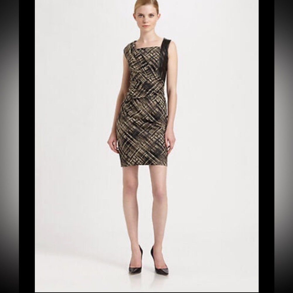 Lafayette 148 New York Vania Leather trim plaid dress size 14